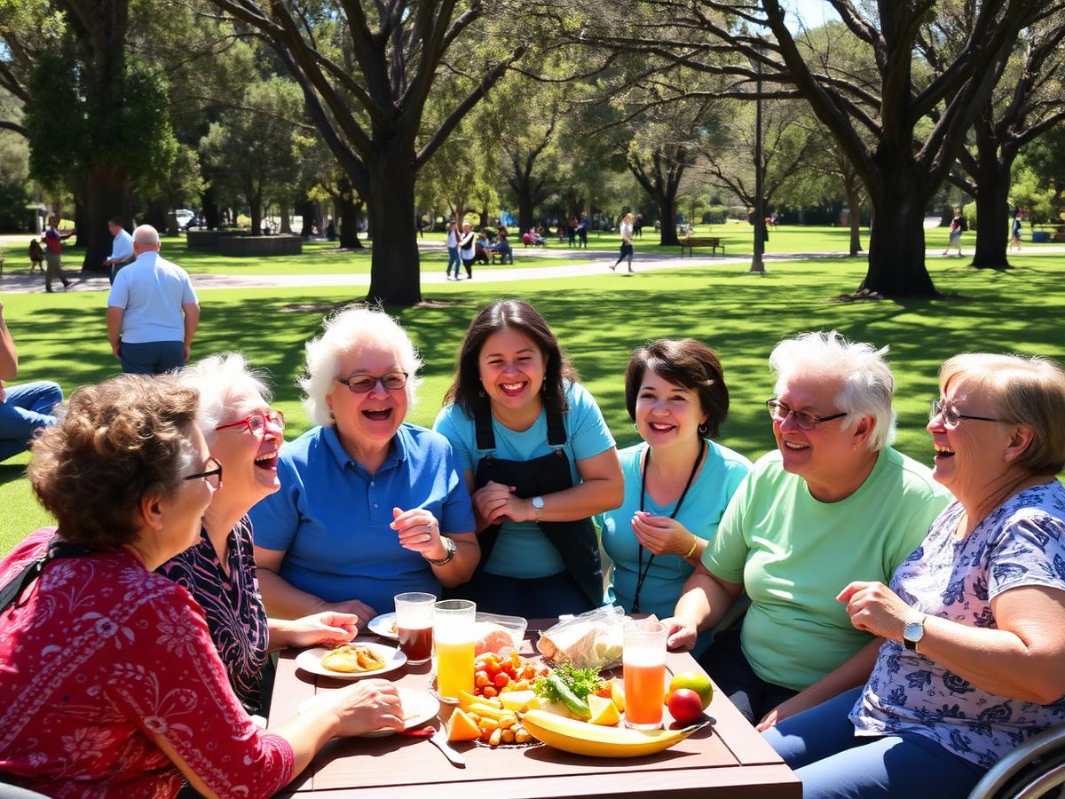 Participants and support workers laughing together at a community picnic