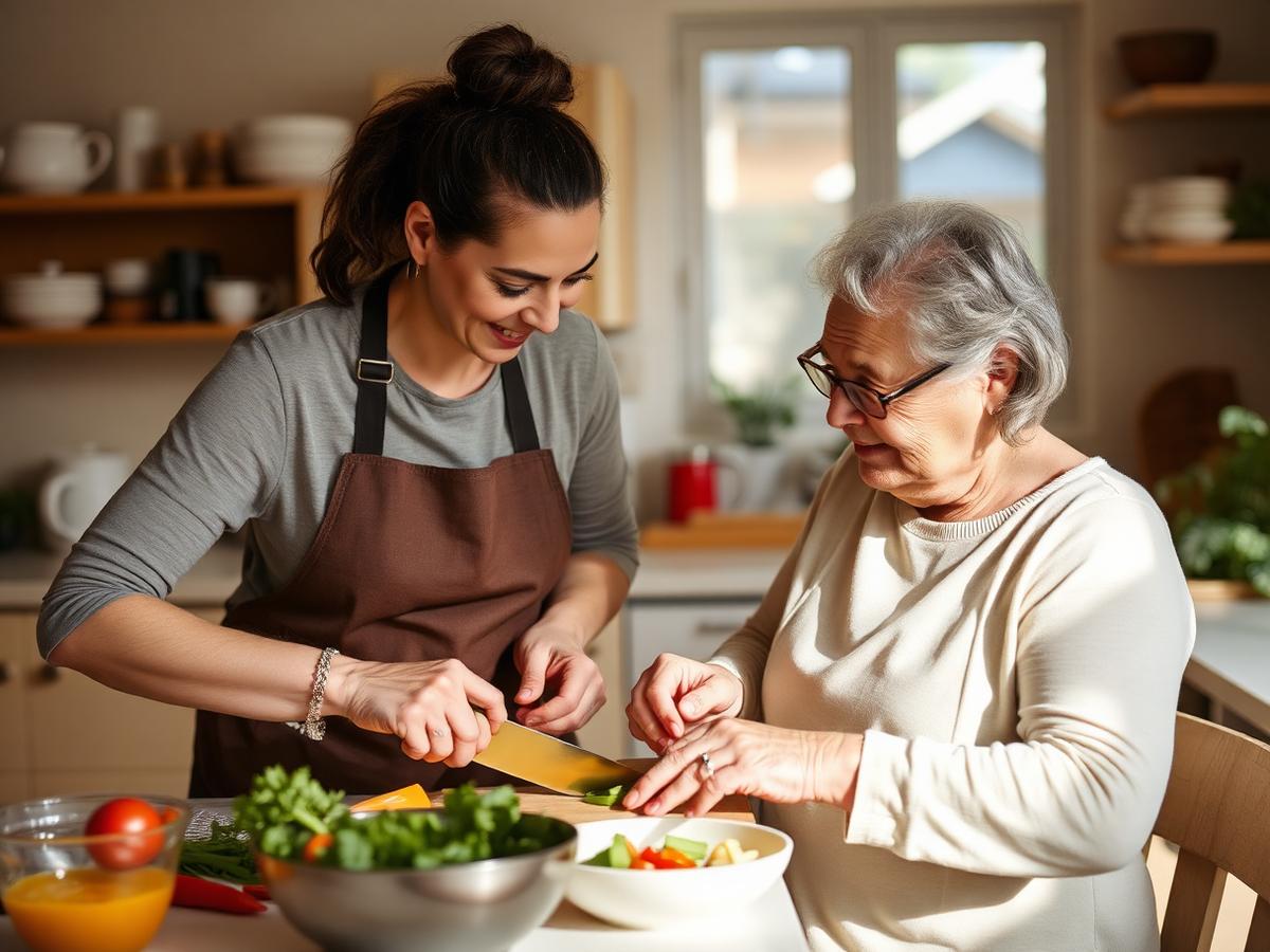 A support worker helping a participant prepare a meal at home