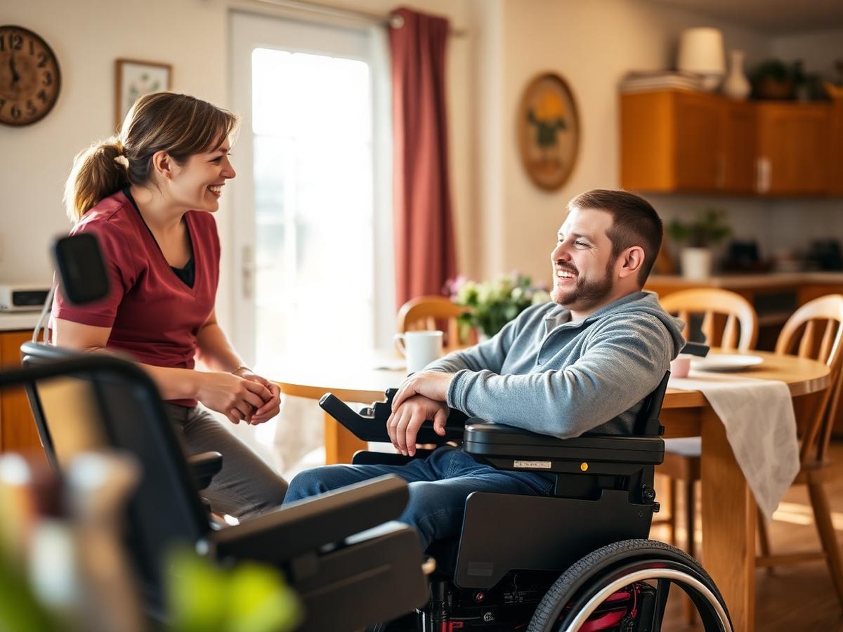 A young NDIS participant using a wheelchair laughing with their support worker at home