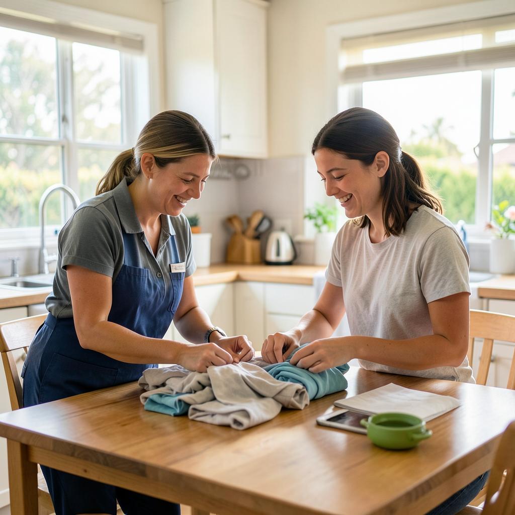 A support worker and participant folding laundry together at the kitchen table